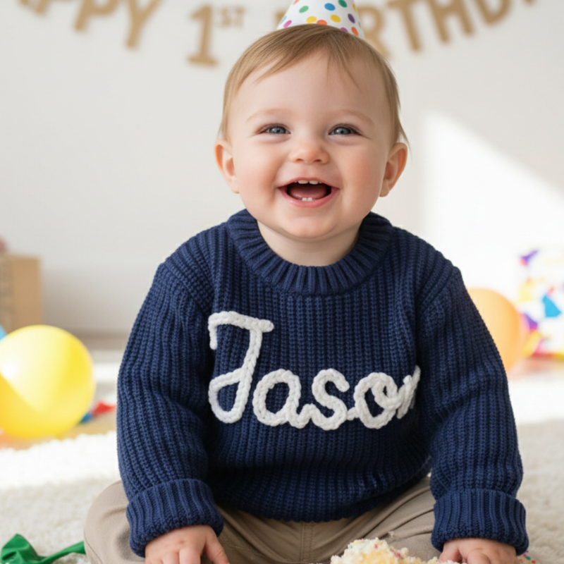 Hand-Embroidered Baby Name Sweater